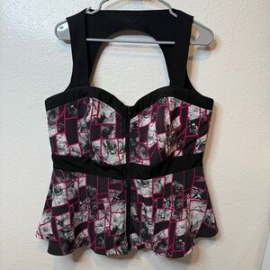 City Chic Sleeveless Peplum Bustier Black and Pink Zip Up Floral Top Size S/16